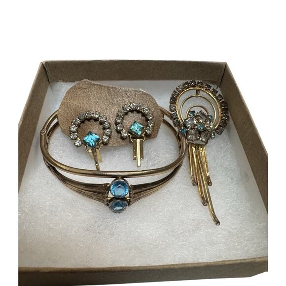 1960s M&S Rhinestone Jewelry Set Brooch Pendant Bracelet Earrings Gold Aqua - Picture 13 of 13